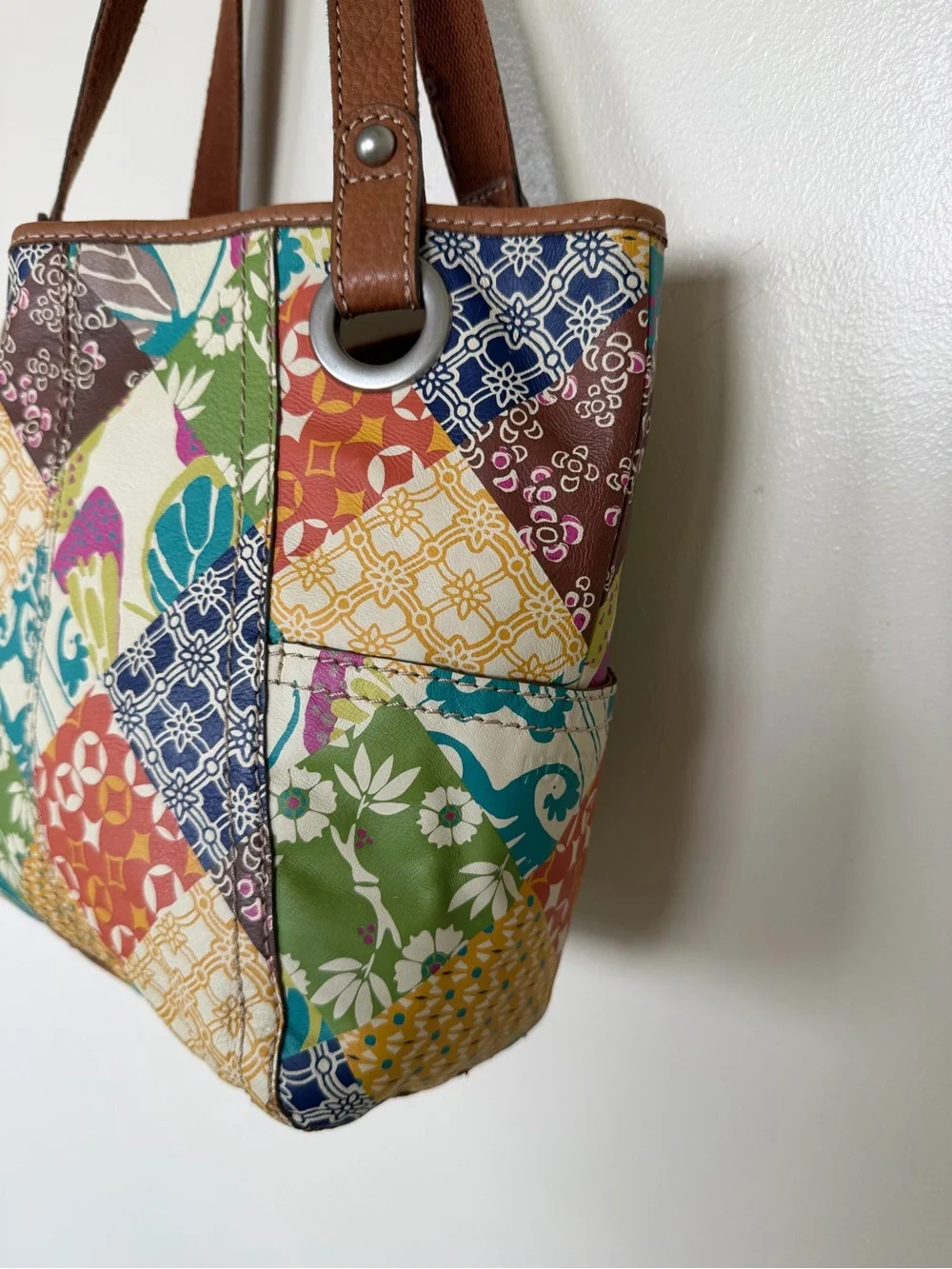FOSSIL Colorful Floral Patchwork Vintage Hobo Shoulder Tote Bag
